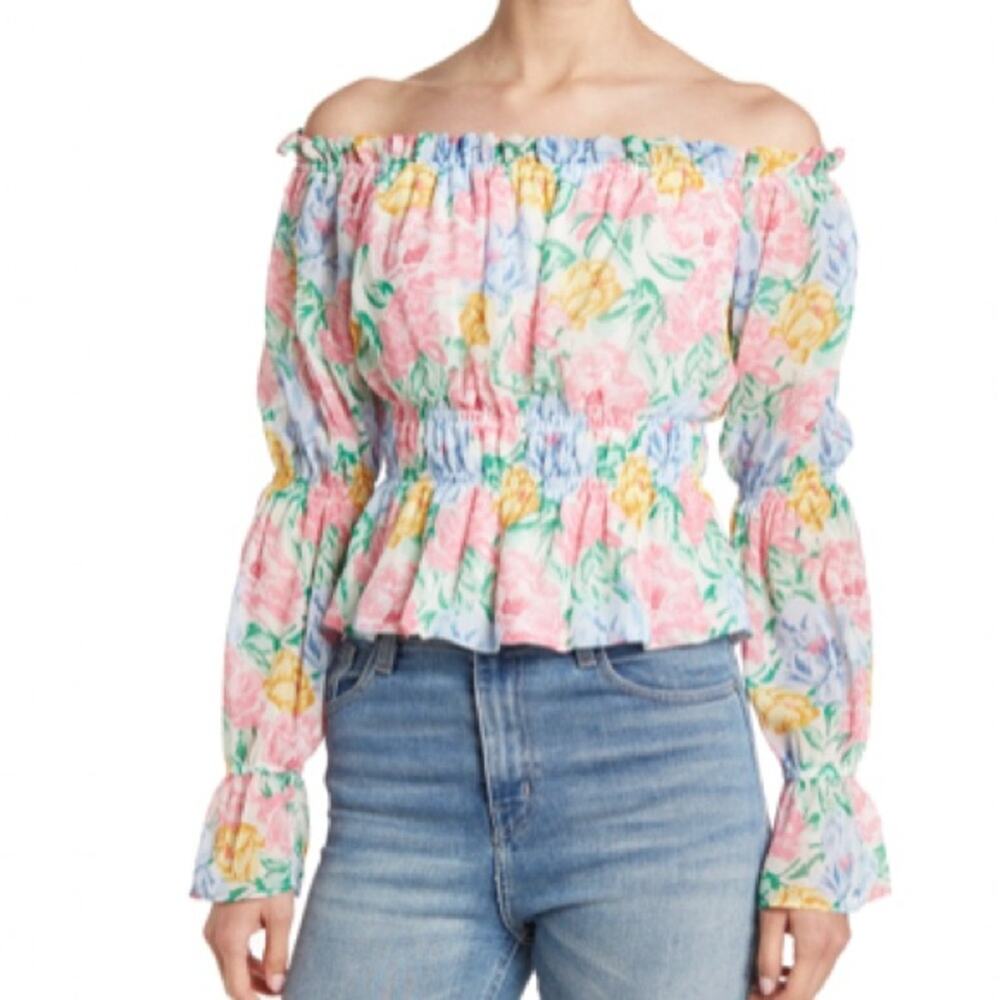 NWT WAYF Off The Shoulder Cropped Blouse In Ivory Tulips.--BA4